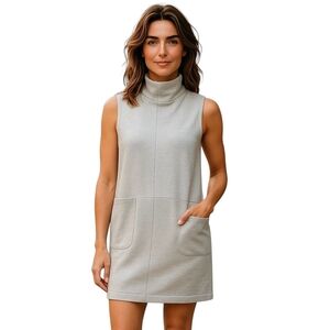 Free People Funnel Neck Woven Gray White Zip Up Shift Dress w Pockets Size Small
